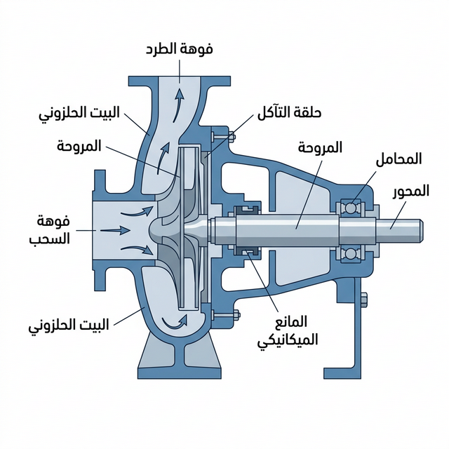 مقطع عرضي لمضخة طاردة مركزية يوضح المكونات الداخلية: المروحة، البيت الحلزوني، المحور، المحامل، المانع الميكانيكي