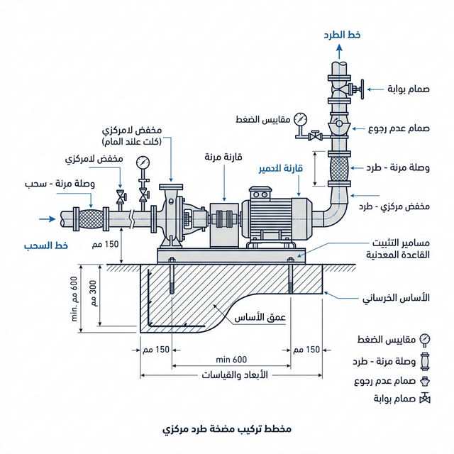 مخطط تركيب مضخة طاردة مركزية يوضح الأساس الخرساني والأنابيب والصمامات ومقاييس الضغط والوصلات المرنة