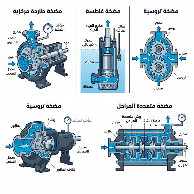 مقارنة بين أربعة أنواع رئيسية من المضخات: طاردة مركزية، غاطسة، تروسية، ومتعددة المراحل