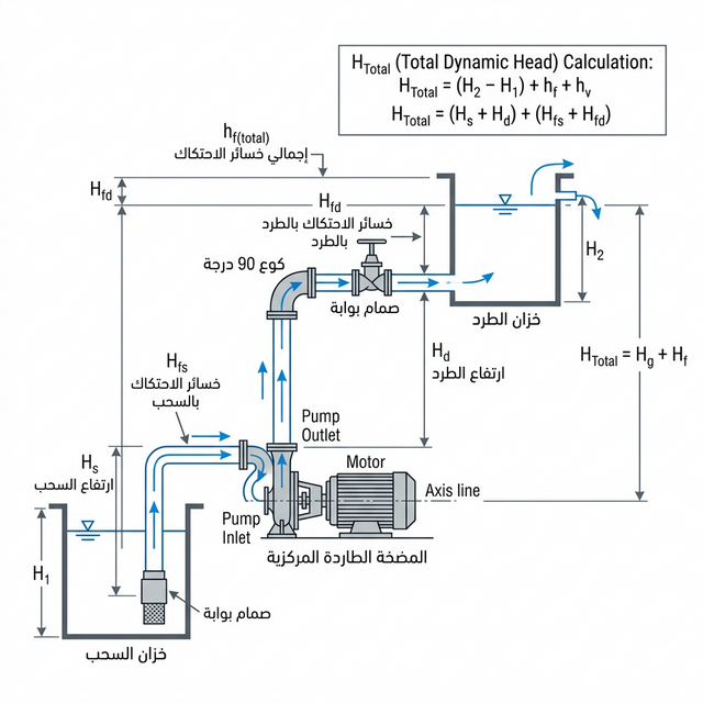 مخطط نظام ضخ يوضح حساب الضاغط الكلي: ارتفاع السحب والطرد وخسائر الاحتكاك